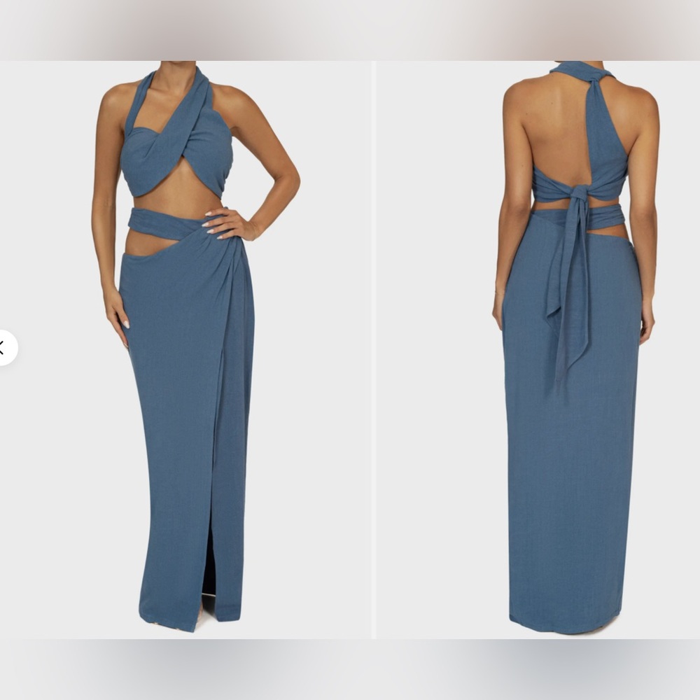 JLUXLABEL Slate Blue Backless Cutout Halter Maxi Dress
